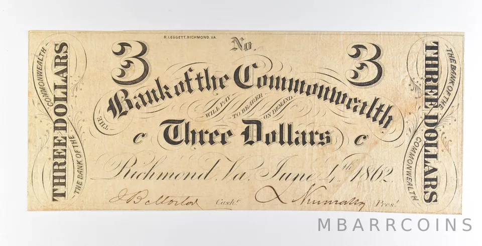 1862 $3 Richmond VA Bank Of The Commonwealth Obsolete Note *8925