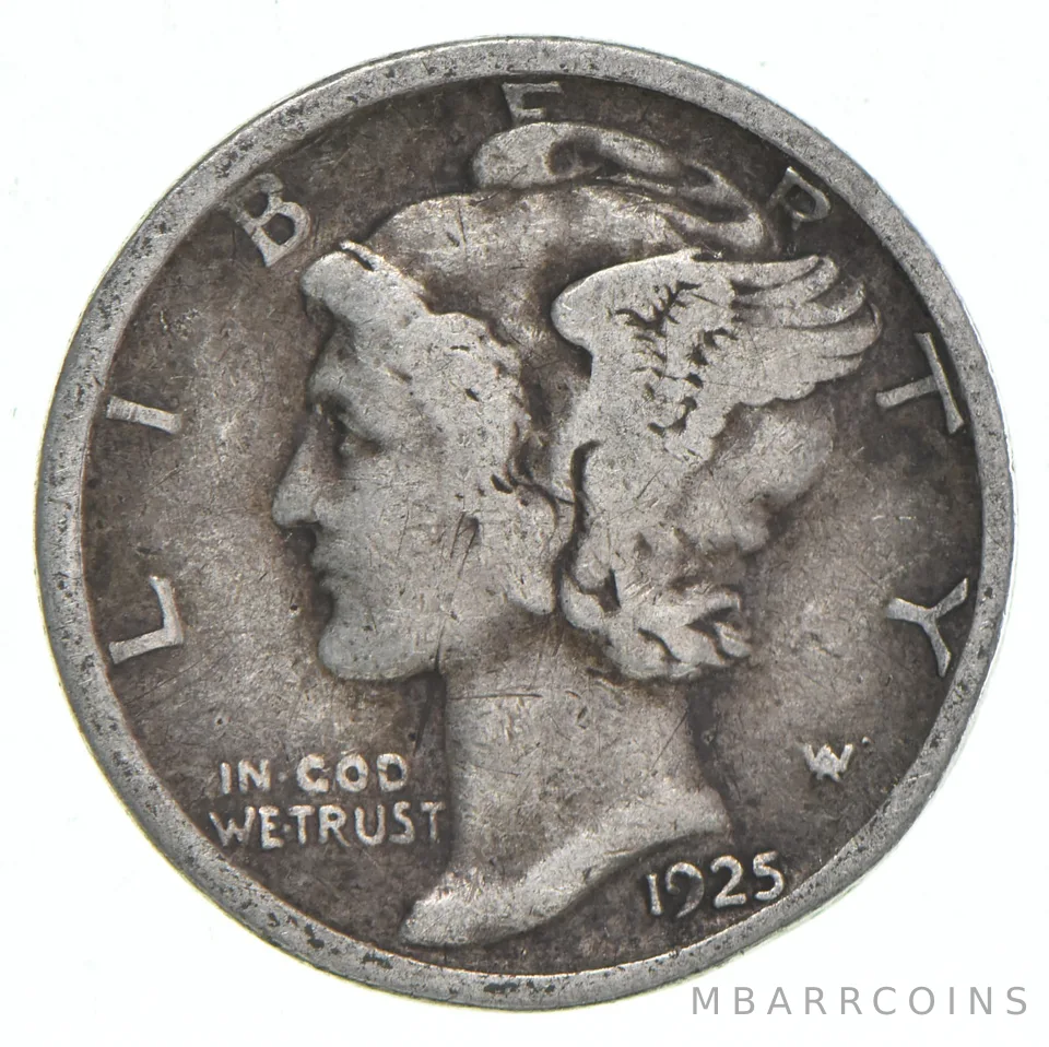 VG+ 1925 Mercury 90% Silver Dime