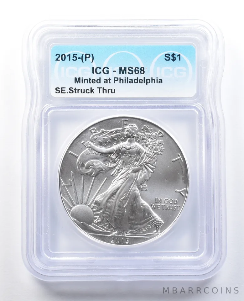 2015 (P) American Silver Eagle Mint Error Struck Thru MS68 ICG a1351