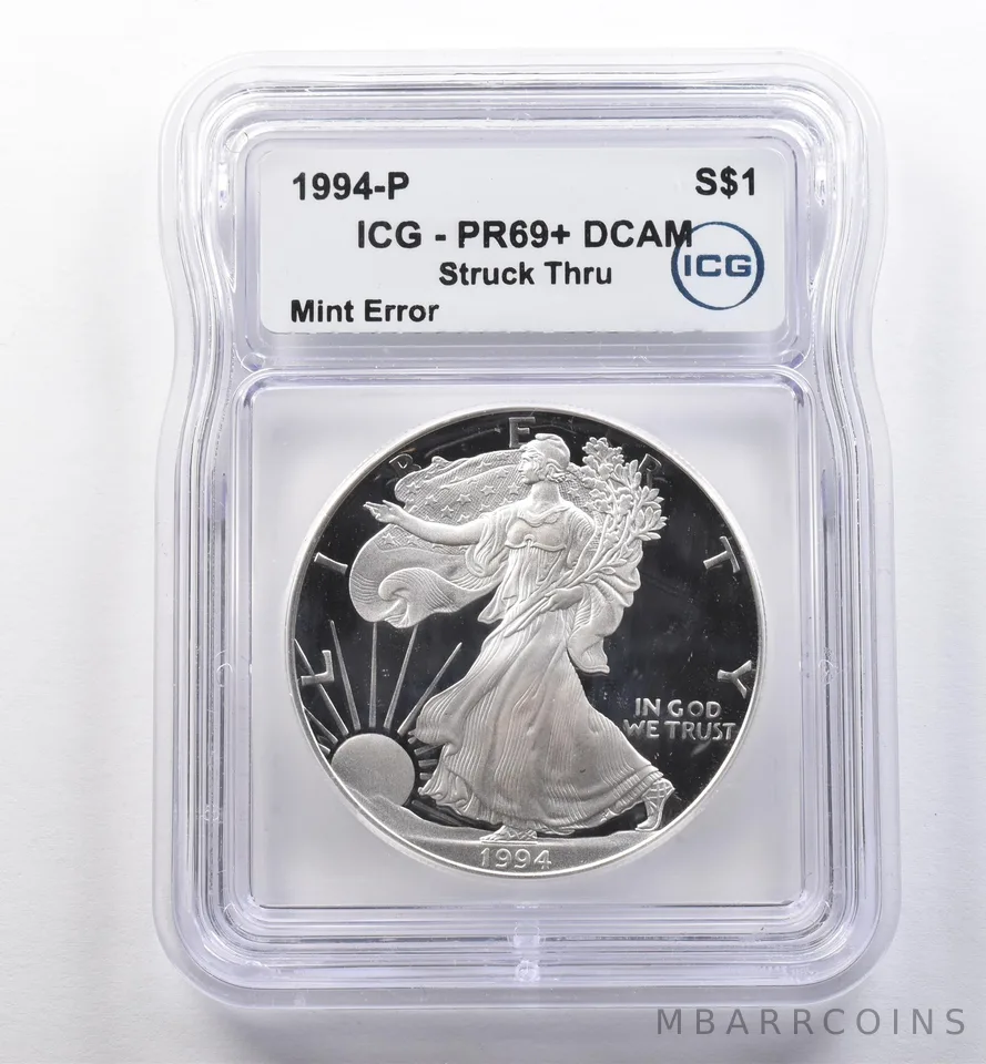 1994-P American Silver Eagle Mint Error Struck Thru PR69+ DCAM ICG *2225