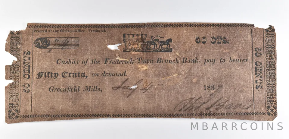 1837 50 Cents Greenfield Mills Frederick Town Branch Bank Obsolete Note *8548