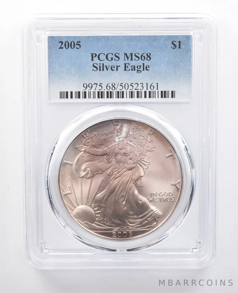 2005 American Silver Eagle MS68 PCGS Hazy Rose Tone *7710