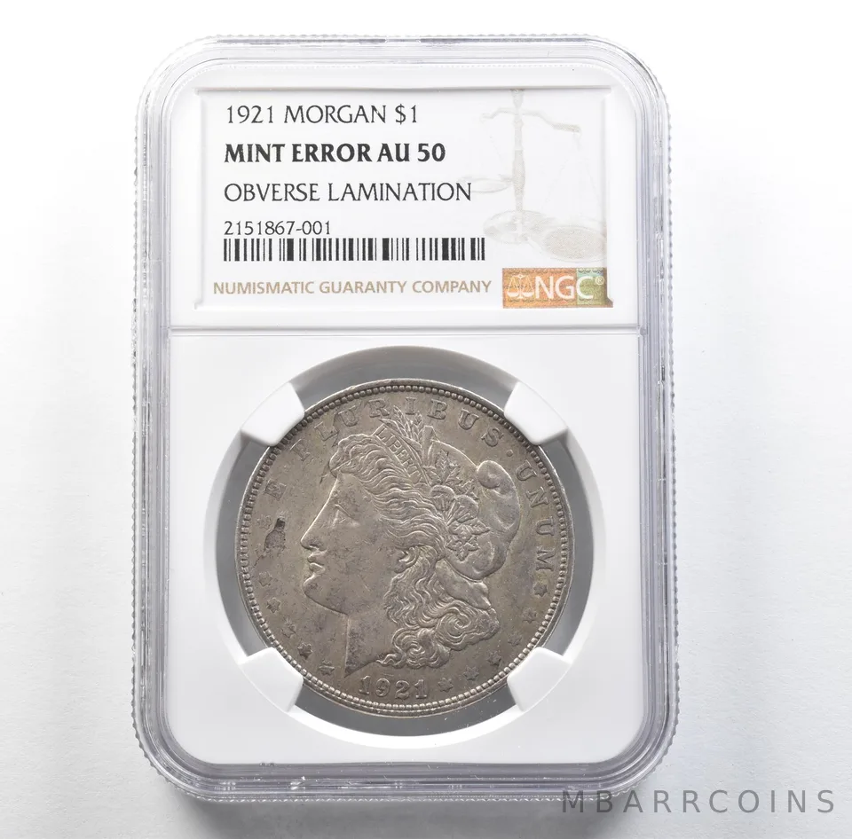 1921 Morgan Silver Dollar Mint Error Obverse Lamination AU50 NGC *3185