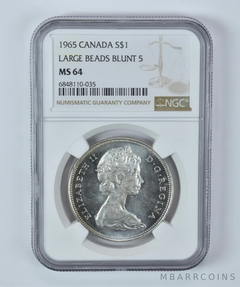 MS64 1965 Canada Silver $1 Large Beads Blunt 5 NGC Beautiful Tone Reverse a5308