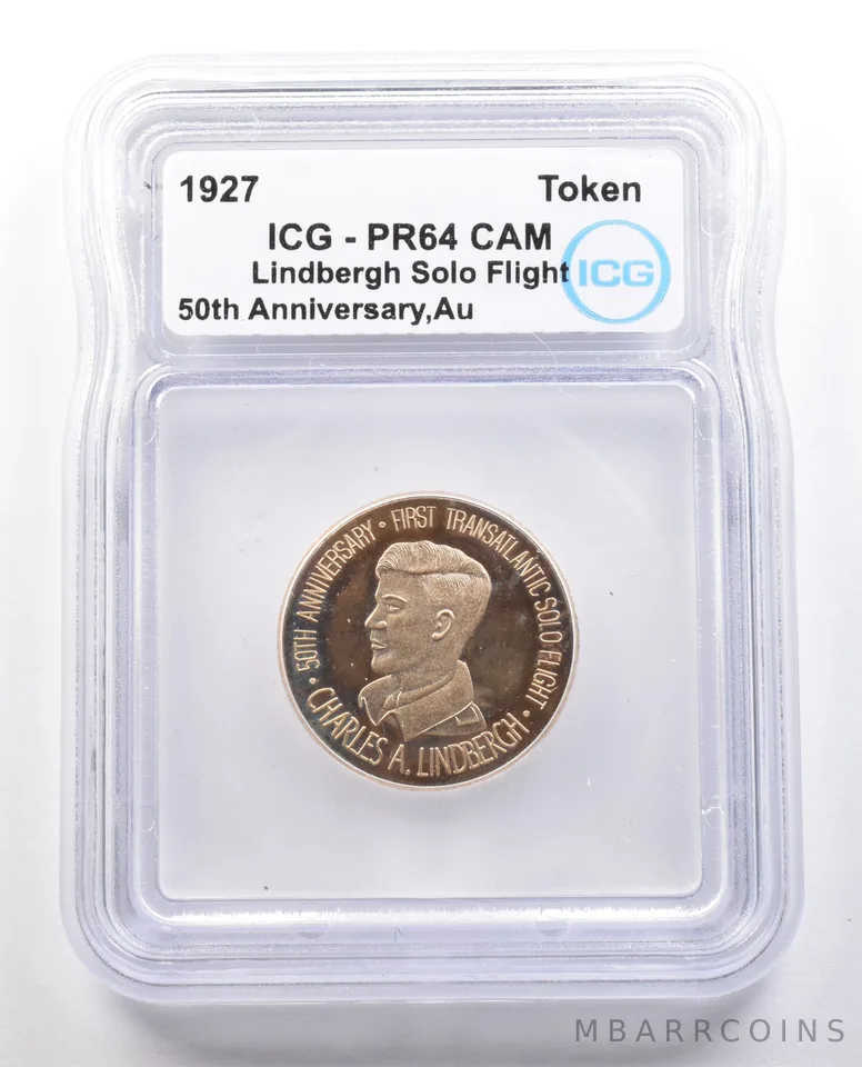 1927 Gold Token Lindbergh Solo Flight 50th Anniversary PR64 CAM ICG a4322