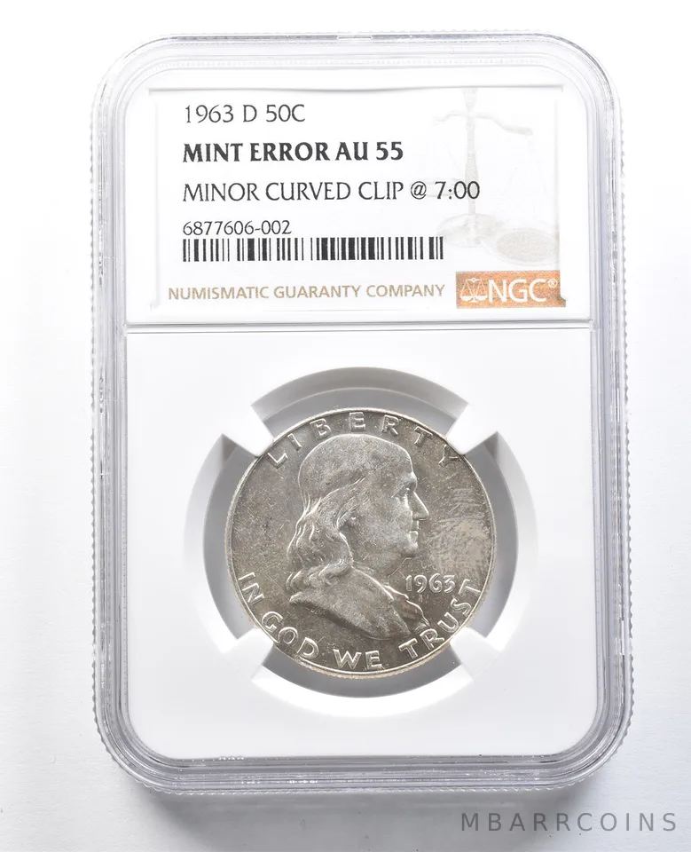 1963-D Franklin Half Dollar Mint Error Minor Curved Clip @ 7:00 AU55 NGC *8263