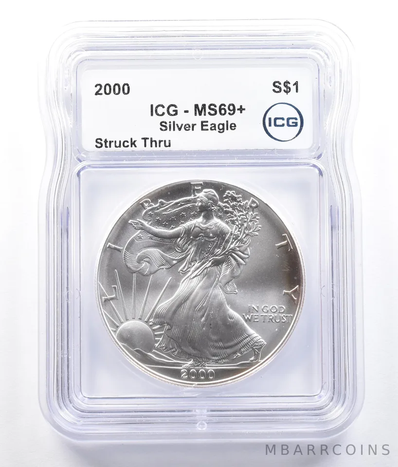 2000 American Silver Eagle Mint Error Struck Thru MS69+ ICG a2654