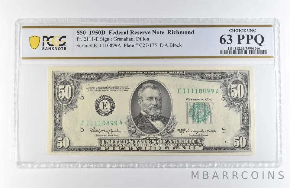 1950 D $50 Richmond VA FRN Fr#2111-E Choice Unc 63 PPQ PCGS *7905