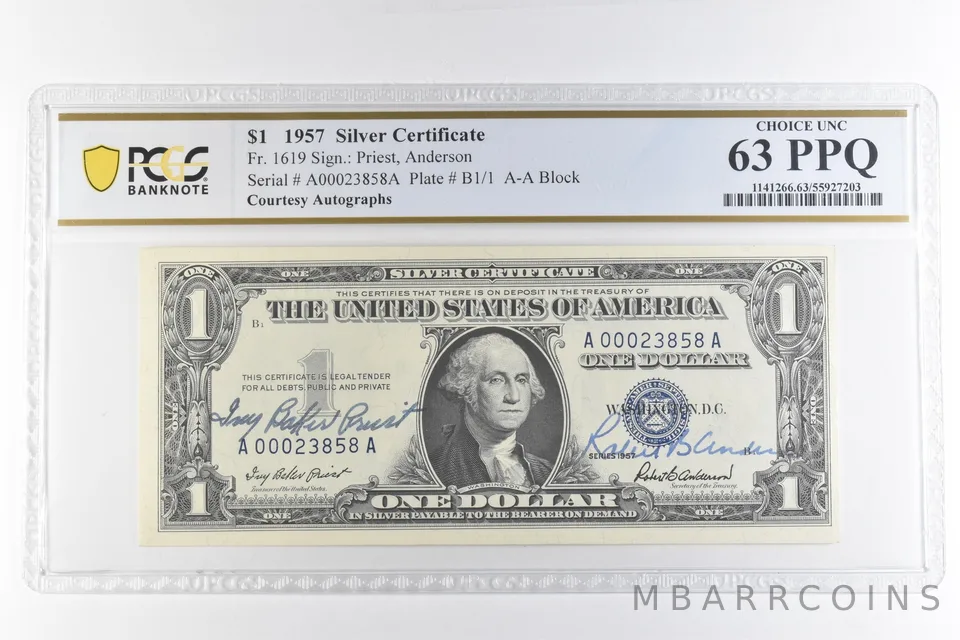 1957 $1 Silver Certificate Courtesy Autographs Fr#1619 Unc 63 PPQ PCGS *6918