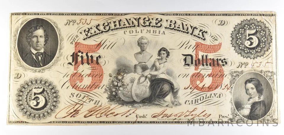 1854 $5 Columbia SC Exchange Bank Obsolete Note *8783