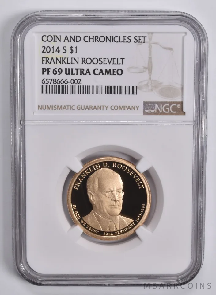 2014-S Presidential $1 Franklin Roosevelt Coin & Chronicles PF69 NGC Brown Lbl
