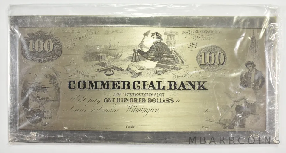 $100 Commercial Bank Of Wilmington - 151 G .925 Sterling Silver Art Bar *9888