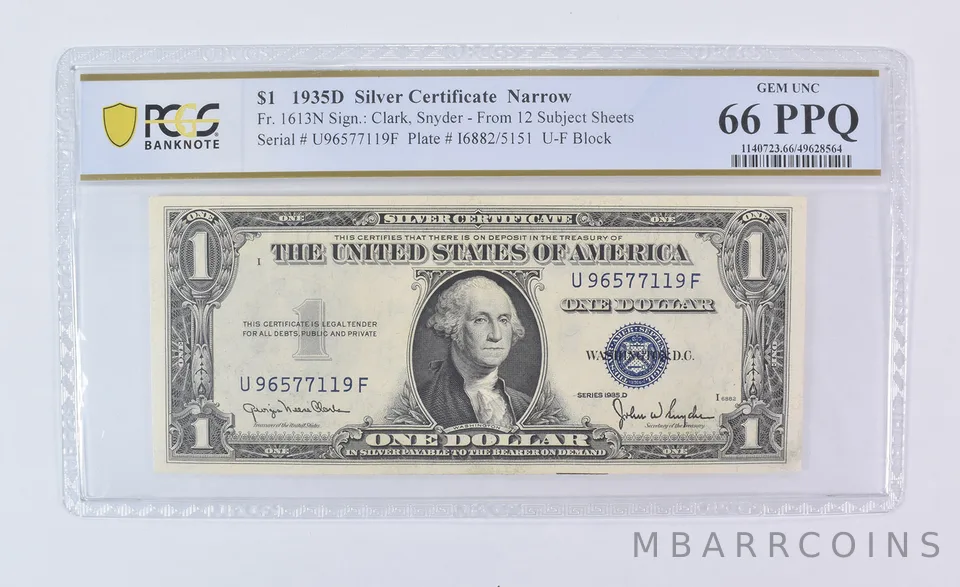 1935 D $1 Silver Certificate Narrow Fr#1613N Gem Unc 66 PPQ PCGS