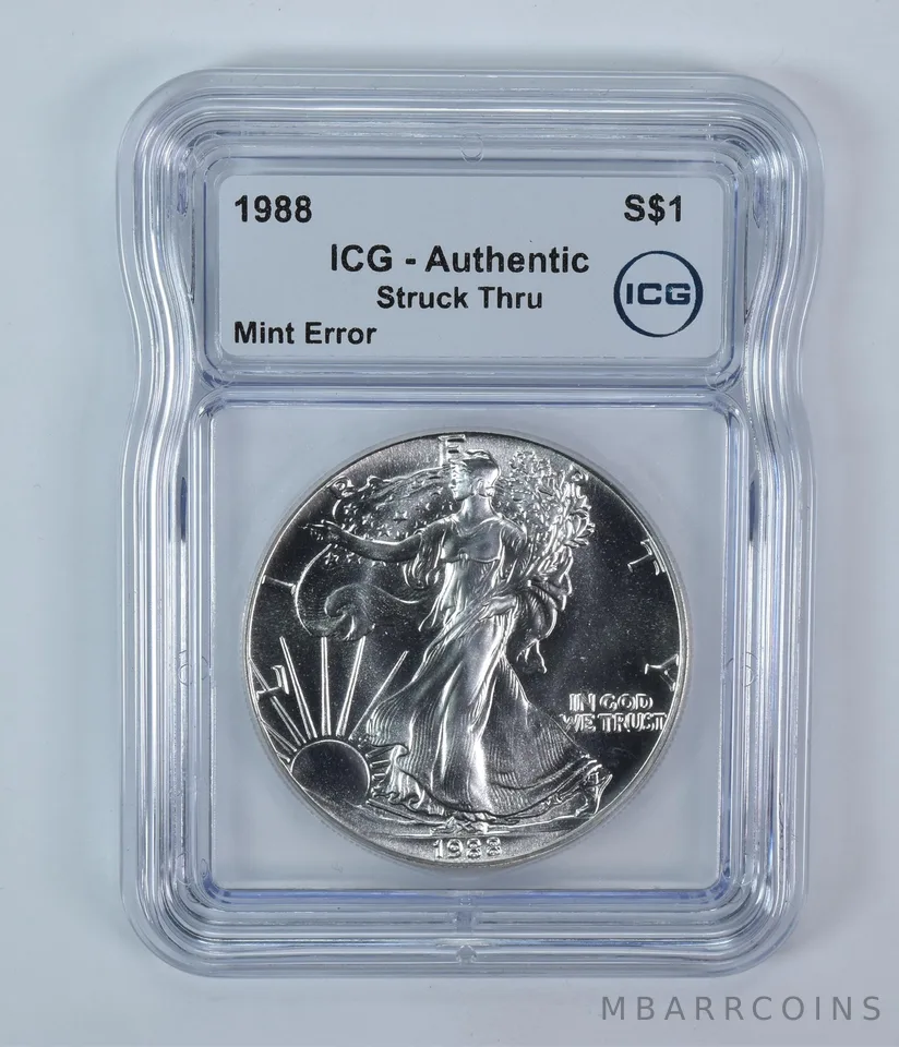 1988 American Silver Eagle Mint Error Struck Thru Authentic ICG