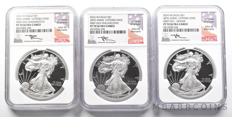 (3) 2016-W Silver Eagle Philadelphia/Denver/WP Mercanti FDOI PF70 NGC *2573