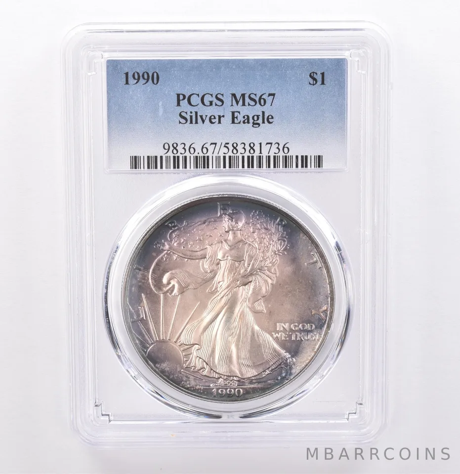 1990 American Silver Eagle MS67 PCGS Beautiful Tone *9283