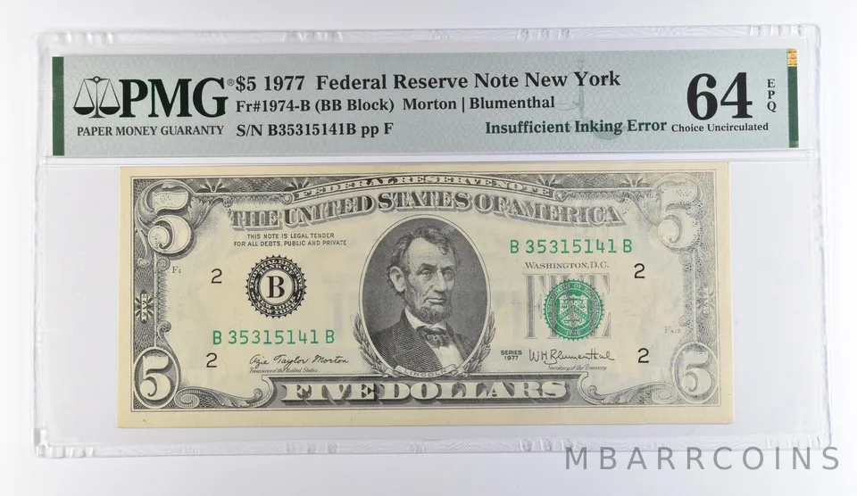 1977 $5 New York FRN Insufficient Inking Error Fr#1974-B 64 EPQ PMG *9442