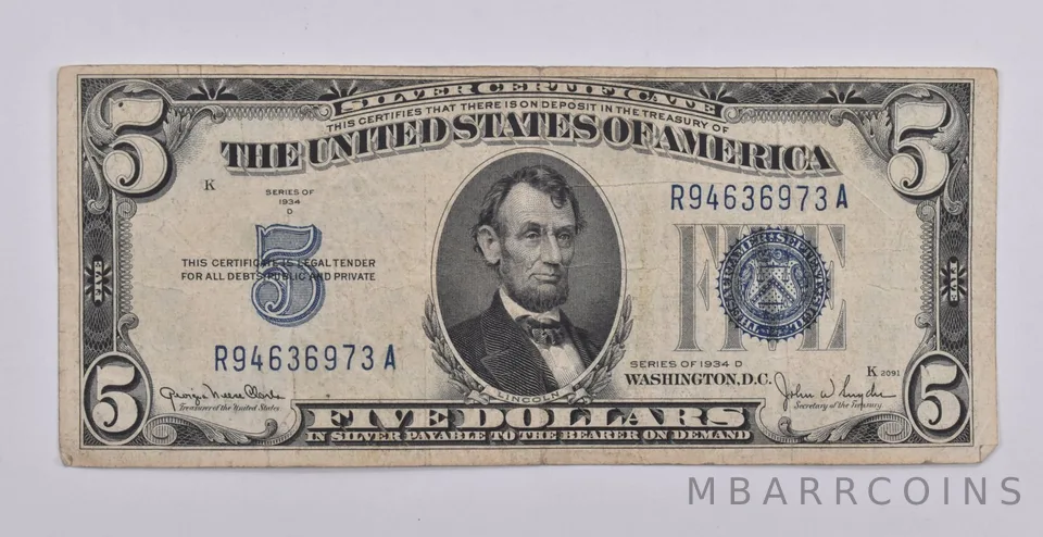 1934-D $5 Silver Certificate Blue Seal Average Circ