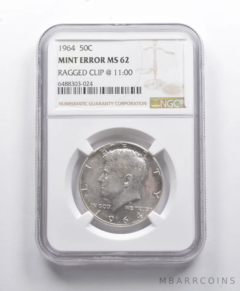 Mint Error MS62 1964 Kennedy Half Dollar Ragged Clip @ 11:00 NGC *8785
