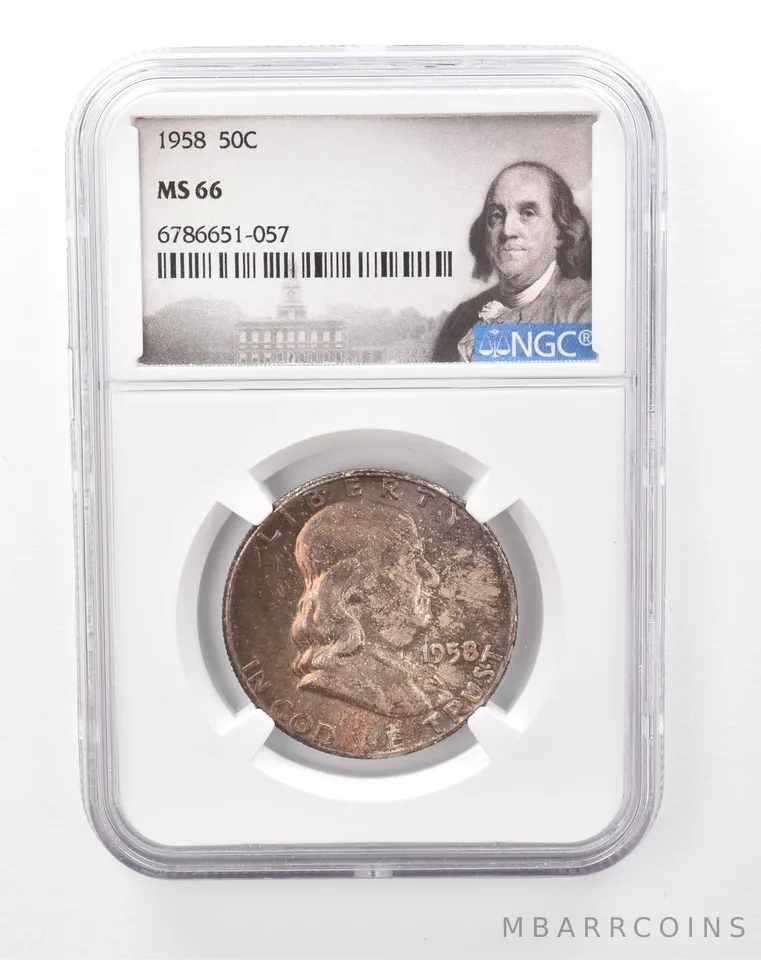 1958 Franklin Half Dollar MS66 NGC Beautiful Mint Set Tone *6765