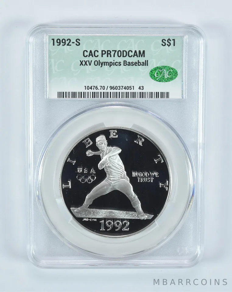 1992-S Olympic Baseball Commemorative Silver Dollar PR70 DCAM CAC CACg