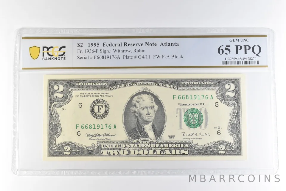 1995 $2 Atlanta GA FRN Fr#1936-F Gem Unc 65 PPQ PCGS *0669