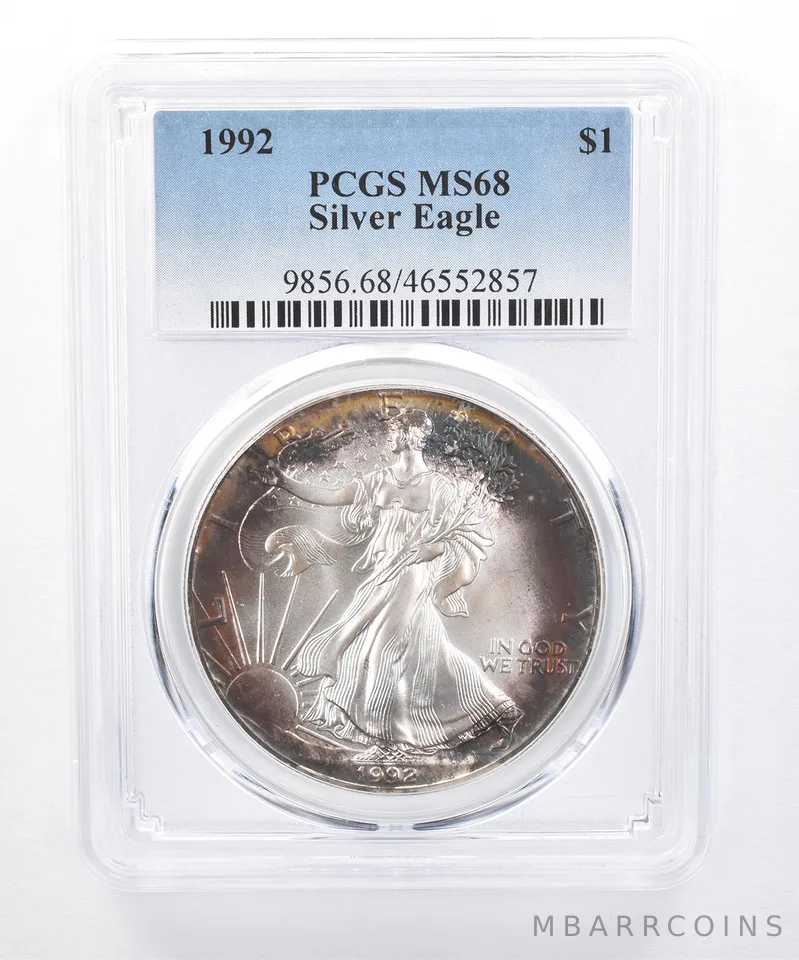1992 American Silver Eagle MS68 PCGS Peripheral Rainbow Tone *8430