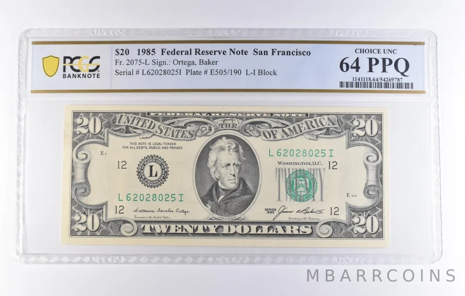 1985 $20 San Francisco CA FRN Fr#2075-L Choice Unc 64 PPQ PCGS *8277