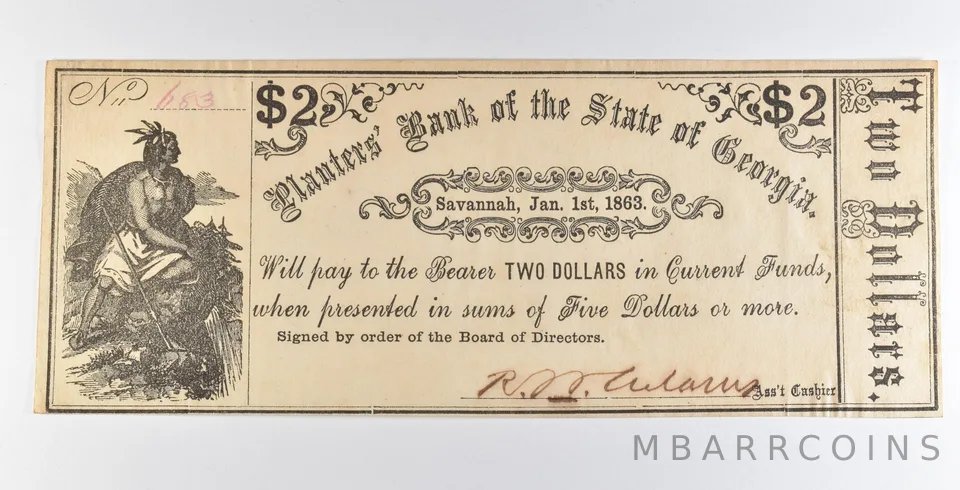 1863 $2 Savannah GA Planters Bank Obsolete Note *8918