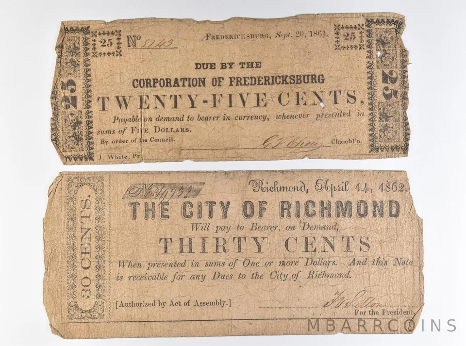 (2) 1861 25 Cents Fredericksburg 1862 30 Cents Richmond VA Obsolete Notes *8223