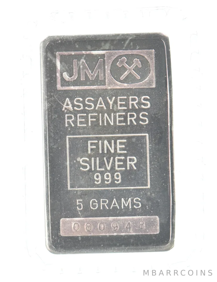 5 Gram Silver Bar JM Assayers Sealed Beautiful Tone *0352