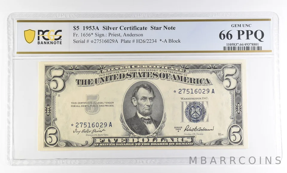 1953 A $5 Silver Certificate Star Note Fr#1656* Gem Unc 66 PPQ PCGS a2862
