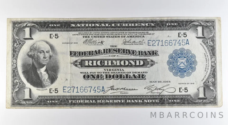 1918 $1 Richmond VA National Currency Large Note Blue Seal Fr#722 *0545