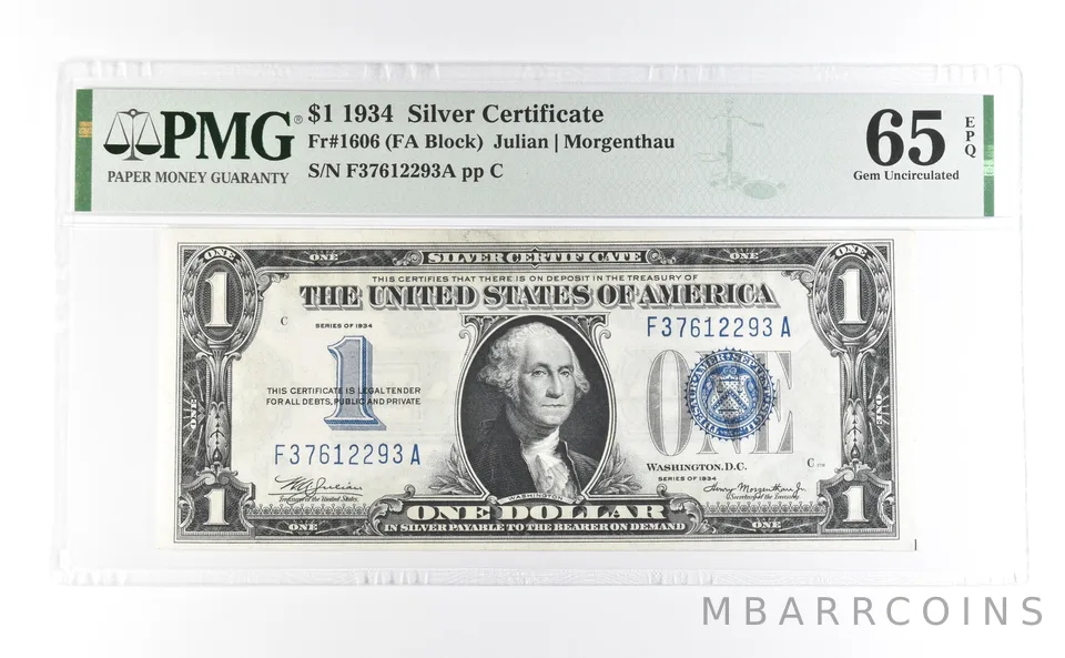 1934 $1 Silver Certificate Fr#1606 Gem Unc 65 EPQ PMG a7008