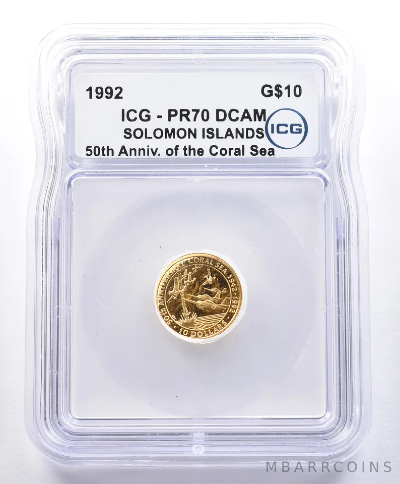 1992 Solomon Islands $10 Gold The Coral Sea PR70 DCAM ICG 1/10th *4043