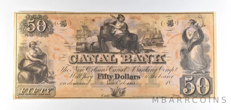 1800s $50 New Orlean LA Canal Bank Obsolete Note *8856