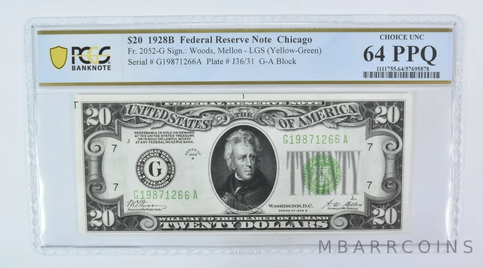 1928 B $20 Chicago IL FRN Fr#2052-G Choice Unc 64 PPQ PCGS *5987