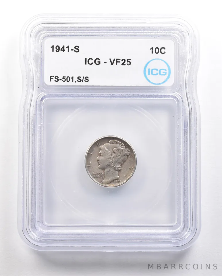 1941-S Mercury Dime FS-501 S/S VF25 ICG *6419