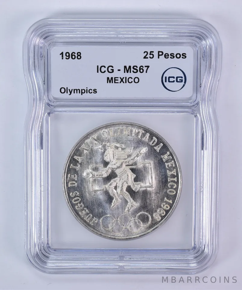 1968 Mo Mexico 25 Pesos Silver Olympics MS67 ICG