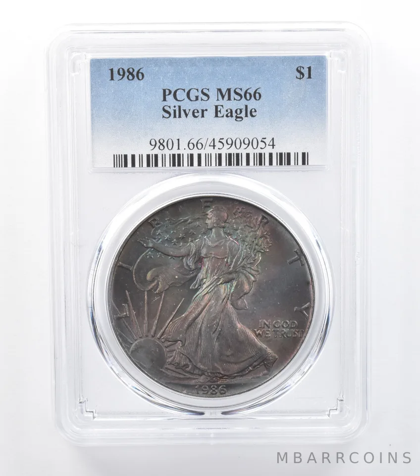 1986 American Silver Eagle MS66 PCGS Dark Rainbow Tone *7746