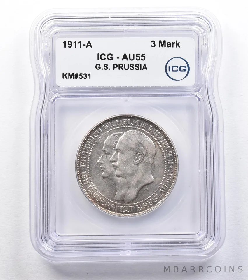 1911 A German States Prussia 3 Marks KM#531 AU55 ICG *1832
