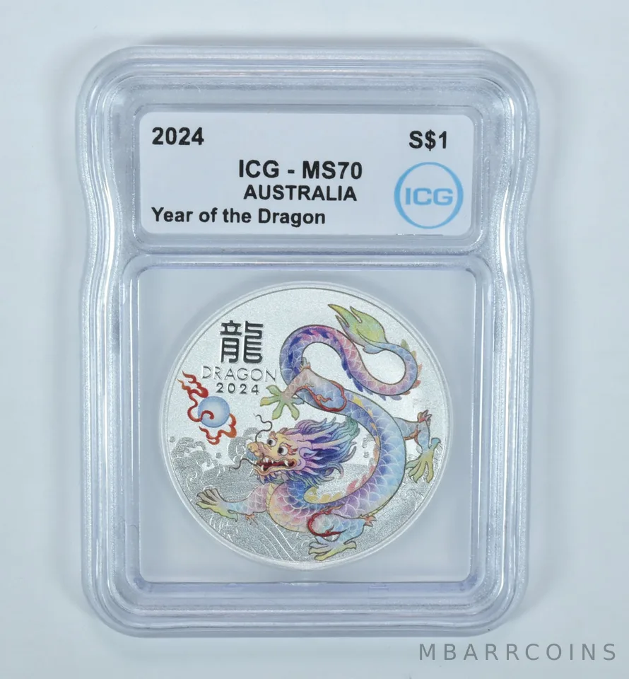 2024 Australia Silver Dollar Year Of The Dragon Rainbow Colorized MS70 ICG