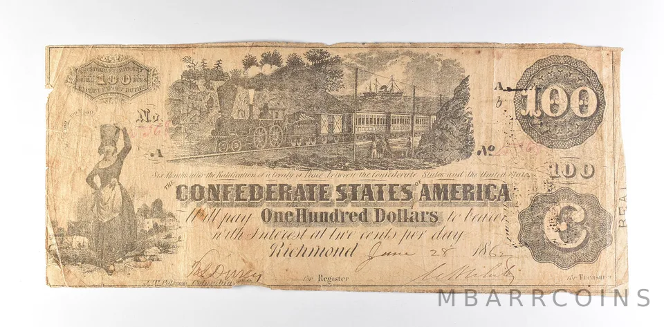 1862 $100 Confederate States Of America T-39 Large Note *8611