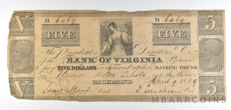 1839 $5 Richmond VA Bank Of Virginia Obsolete Note *8825