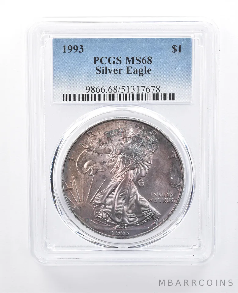 1993 American Silver Eagle MS68 PCGS Purple Tone *8141