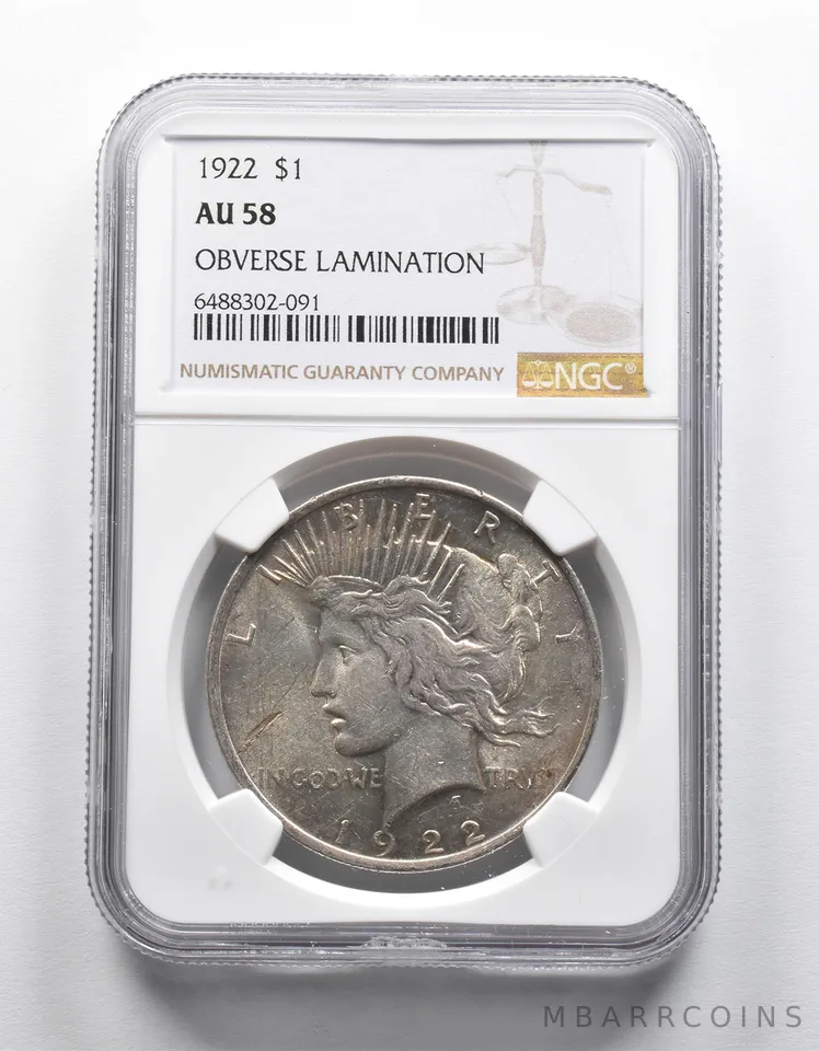 AU58 1922 Peace Silver Dollar OBV Lamination NGC *1913