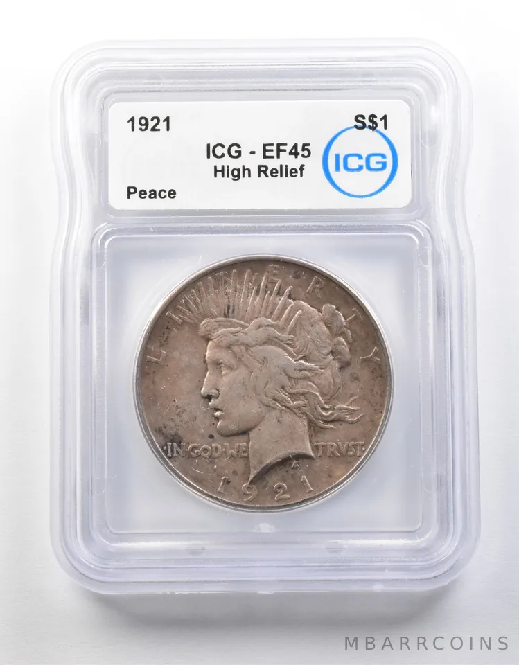 1921 Peace Silver Dollar High Relief EF45 ICG a8705