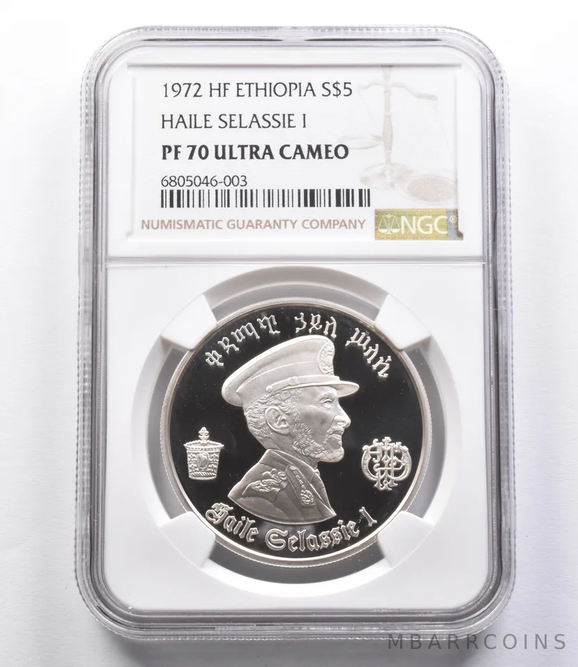 PF70 UCAM 1972 HF Ethiopia 5 Dollars .999 Silver Haile Selassie I NGC *2915