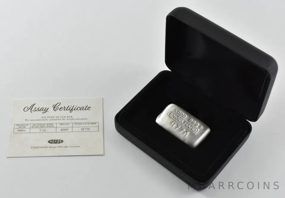 3 Oz Silver Bar Engelhard W/ Box & COA 770 Serial *5032