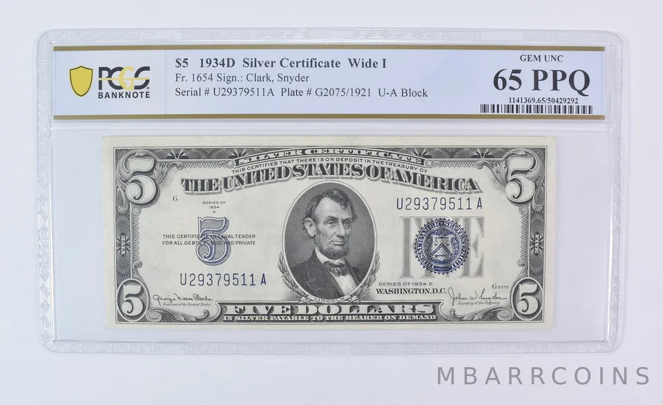 1934 D $5 Silver Certificate Wide I Fr#1654 Gem Unc 65 PPQ PCGS